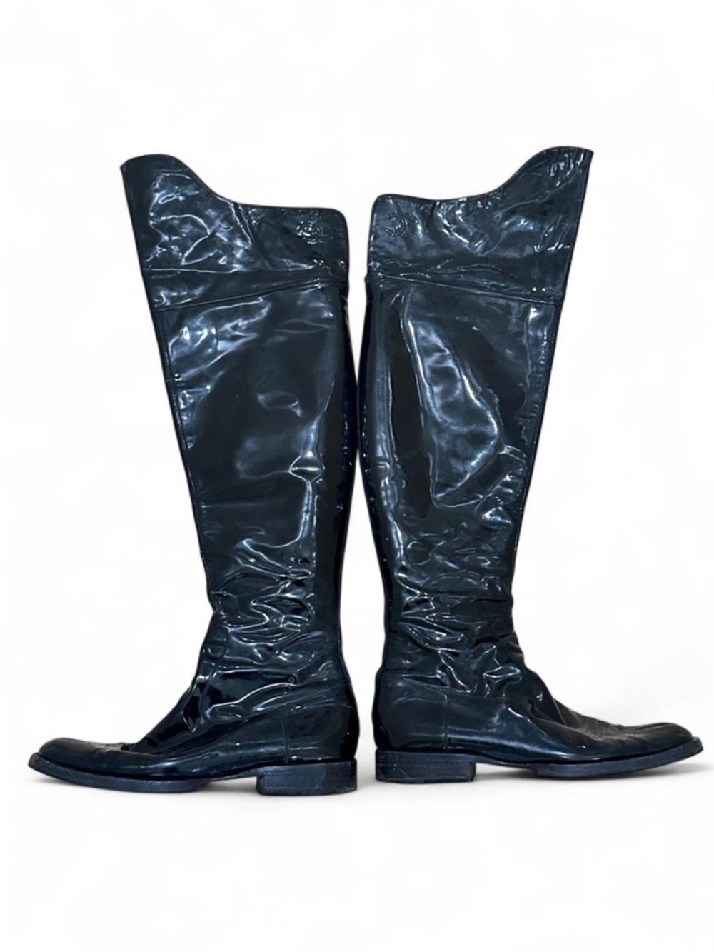 CHANEL Black Patent Leather Knee-High Riding Boots